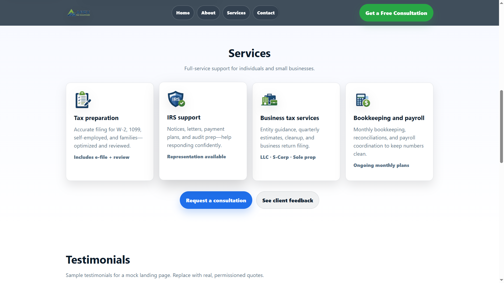 Apex Tax Solutions service highlights and benefit list